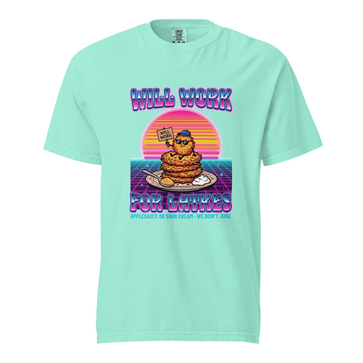 Will Work for Latkes 80s Jewish pride t-shirt in Chalky Mint - back view