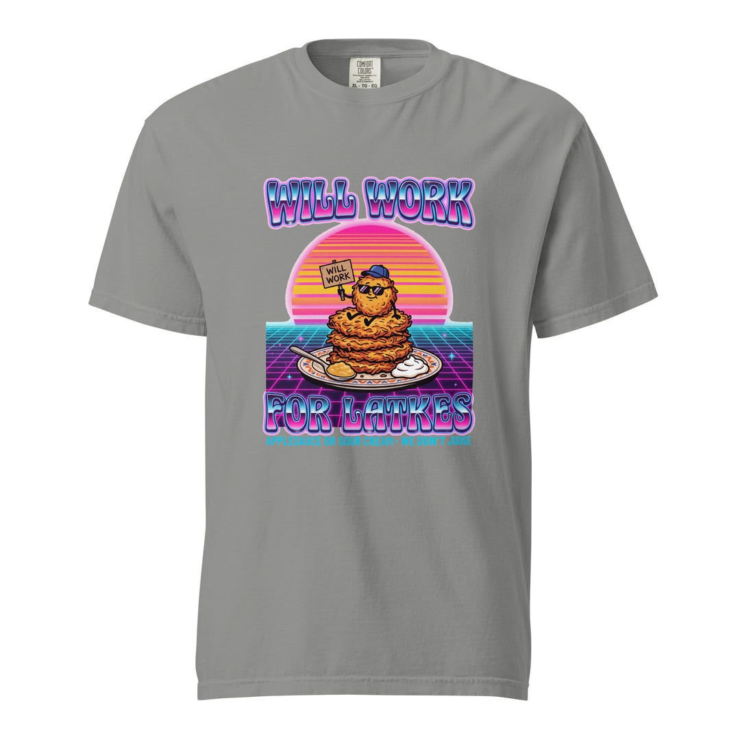 Will Work for Latkes 80s Jewish pride t-shirt in Grey - close-up