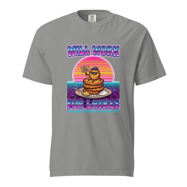 Will Work for Latkes 80s Jewish pride t-shirt in Grey - close-up