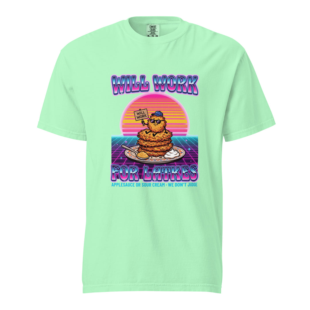 Will Work for Latkes 80s Jewish pride t-shirt in Island Reef - close-up