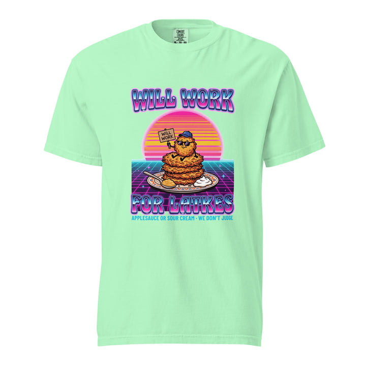 Will Work for Latkes 80s Jewish pride t-shirt in Island Reef - close-up