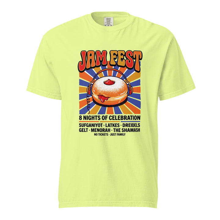 Jam Fest 8 Nights Jewish pride t-shirt in Neon Lemon - close-up