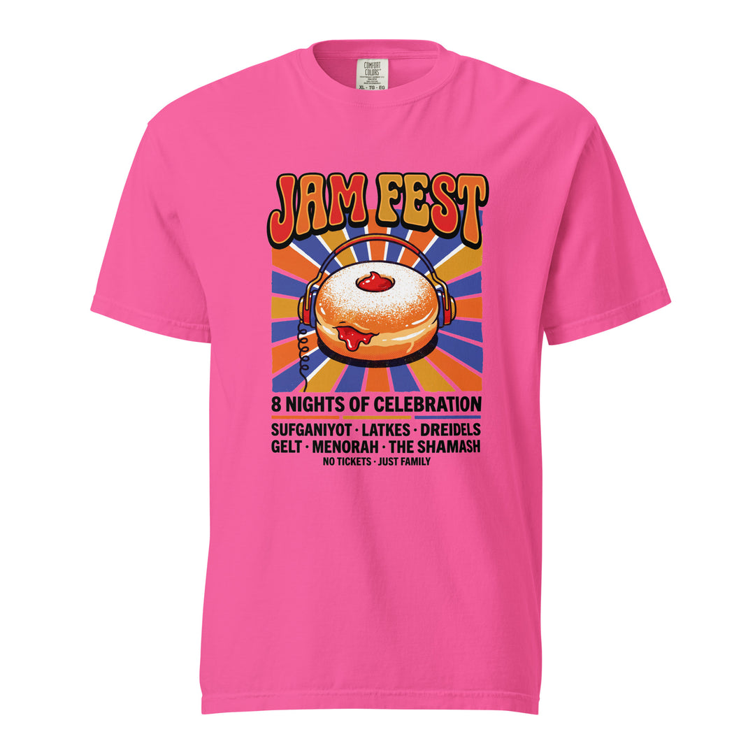 Jam Fest 8 Nights Jewish pride t-shirt in Neon Pink - front view