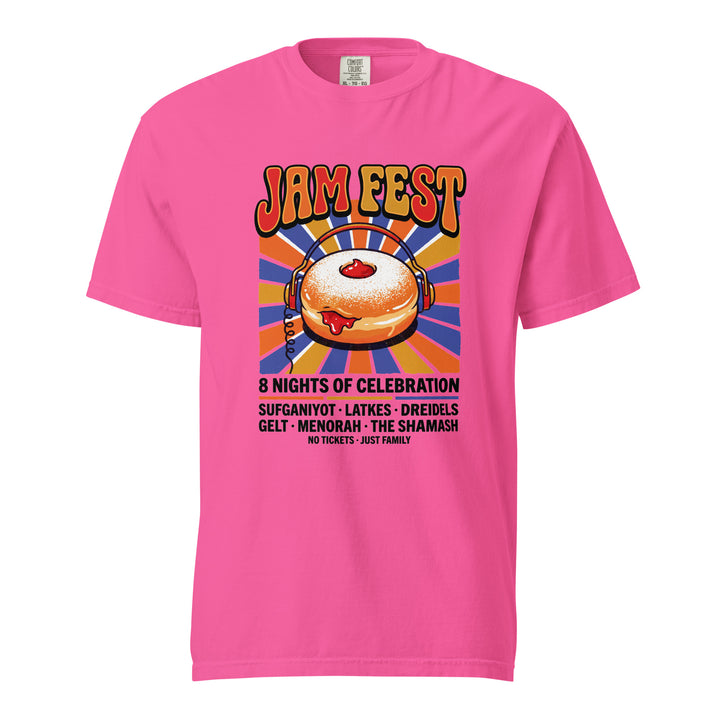 Jam Fest 8 Nights Jewish pride t-shirt in Neon Pink - front view