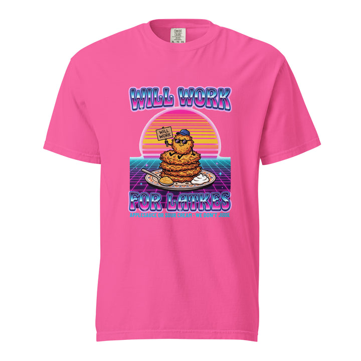 Will Work for Latkes 80s Jewish pride t-shirt in Neon Pink - detail view