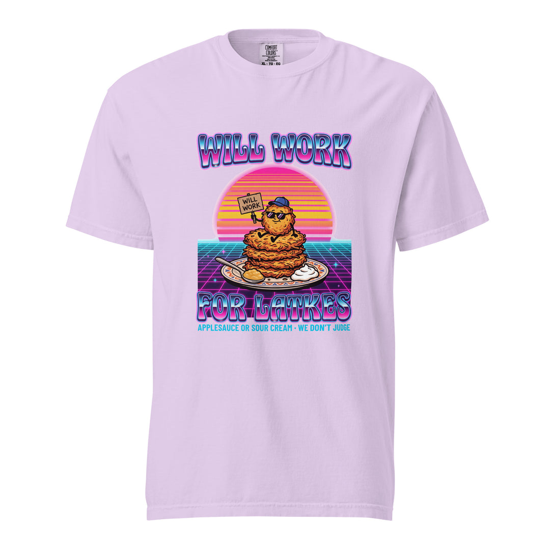 Will Work for Latkes 80s Jewish pride t-shirt in Orchid - front view