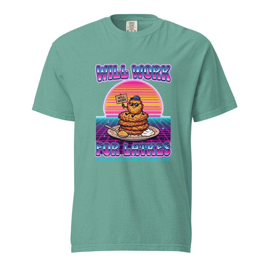 Will Work for Latkes 80s Jewish pride t-shirt in Seafoam - lifestyle shot