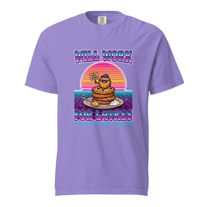 Will Work for Latkes 80s Jewish pride t-shirt in Violet - flat lay