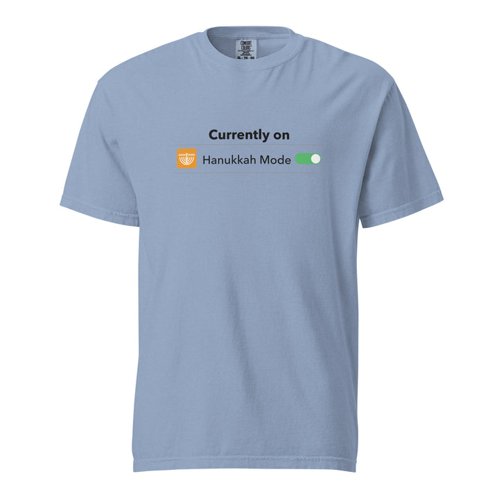 Hanukkah Mode Jewish pride t-shirt in Washed Denim - lifestyle shot