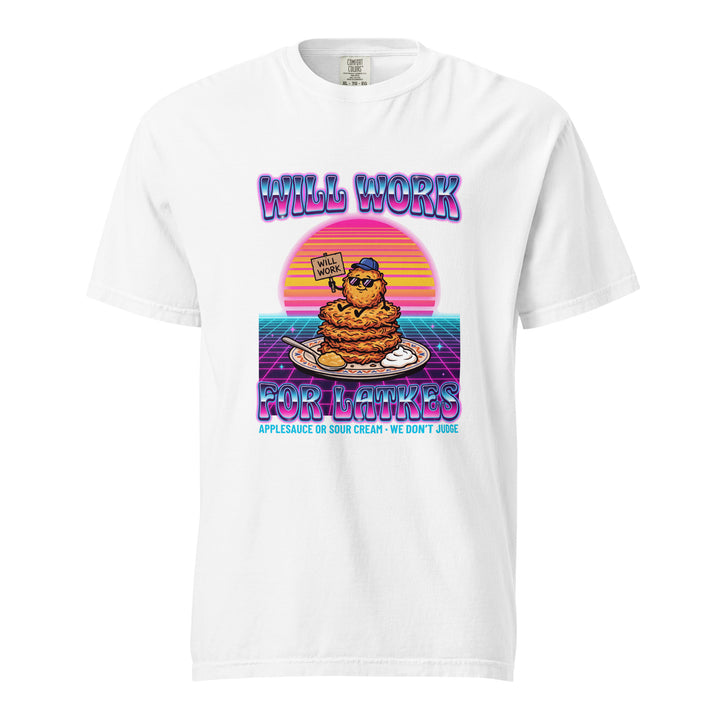 Will Work for Latkes 80s Jewish pride t-shirt in White - lifestyle shot
