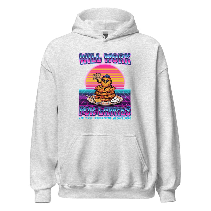 Will Work for Latkes 80s Jewish pride hoodie in Ash - close-up