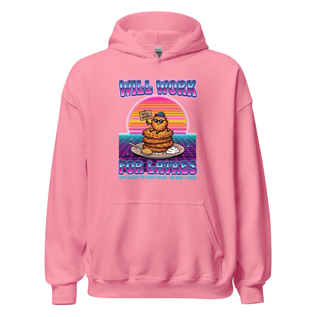 Will Work for Latkes 80s Jewish pride hoodie in Azalea - front view
