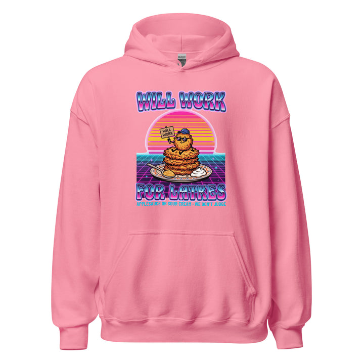 Will Work for Latkes 80s Jewish pride hoodie in Azalea - front view