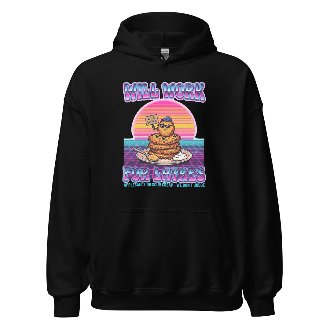 Will Work for Latkes 80s Jewish pride hoodie in Black - front view