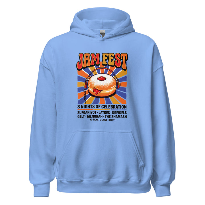 Jam Fest 8 Nights Jewish pride hoodie in Carolina Blue - side view