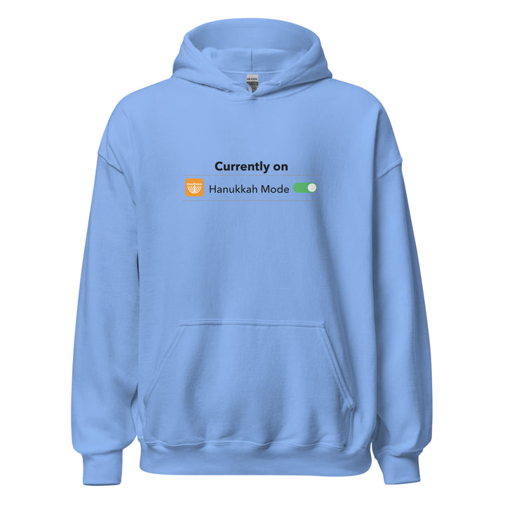 Hanukkah Mode Jewish pride hoodie in Carolina Blue - lifestyle shot