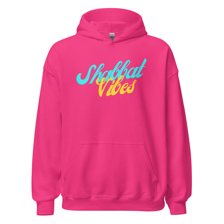 Shabbat Vibes Jewish pride hoodie in Heliconia - close-up