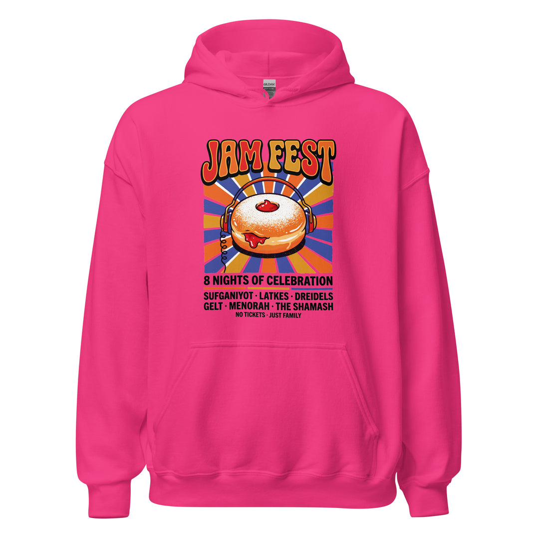 Jam Fest 8 Nights Jewish pride hoodie in Heliconia - back view