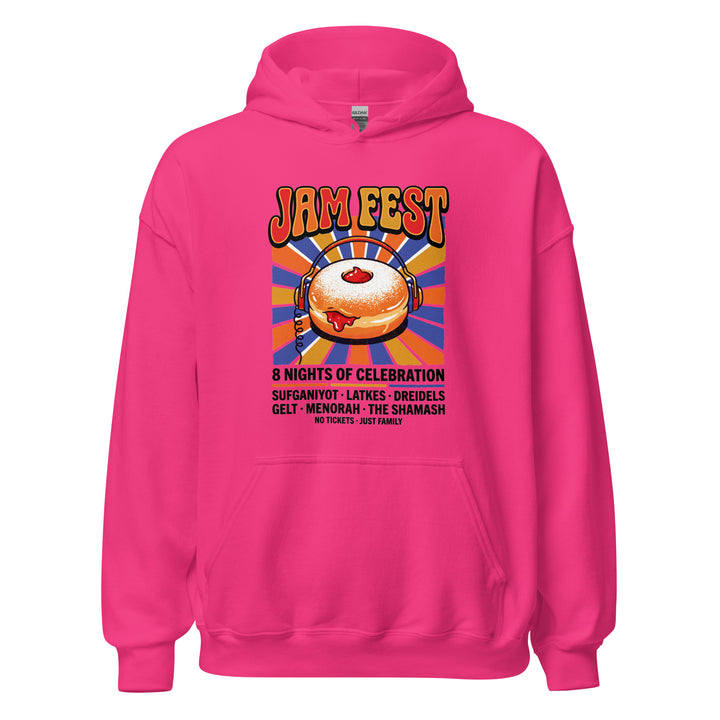 Jam Fest 8 Nights Jewish pride hoodie in Heliconia - back view