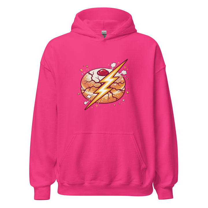 Sufganiyah Lightning Jewish pride hoodie in Heliconia - close-up
