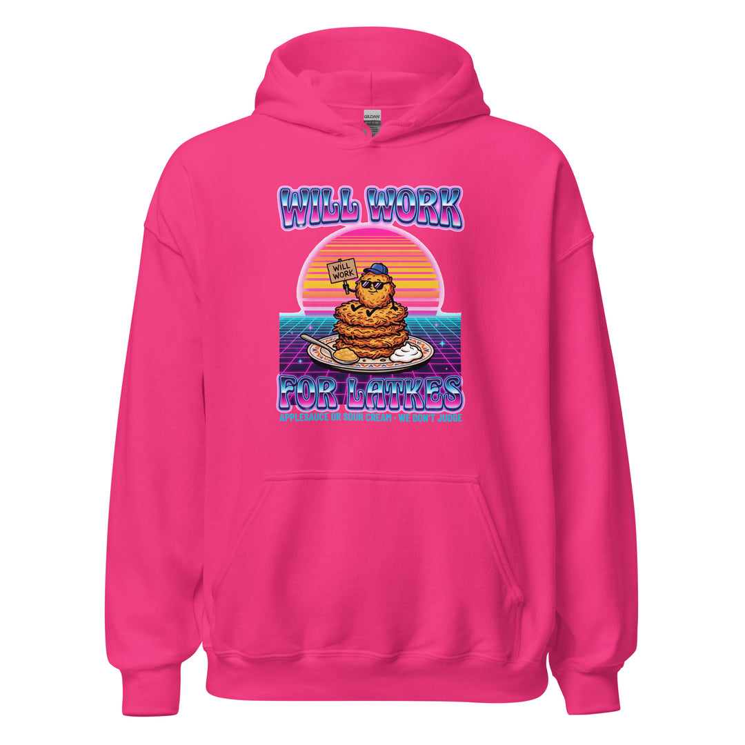 Will Work for Latkes 80s Jewish pride hoodie in Heliconia - close-up