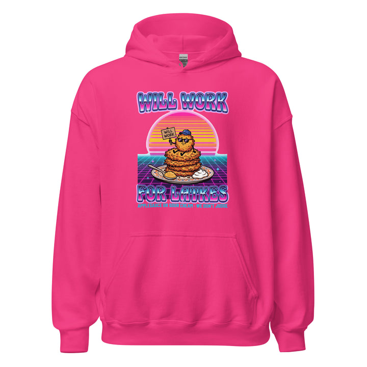 Will Work for Latkes 80s Jewish pride hoodie in Heliconia - close-up