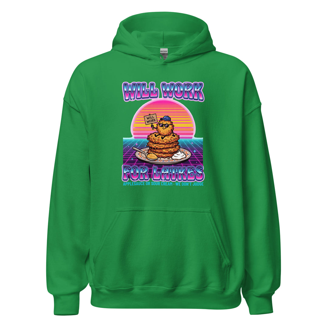 Will Work for Latkes 80s Jewish pride hoodie in Irish Green - flat lay