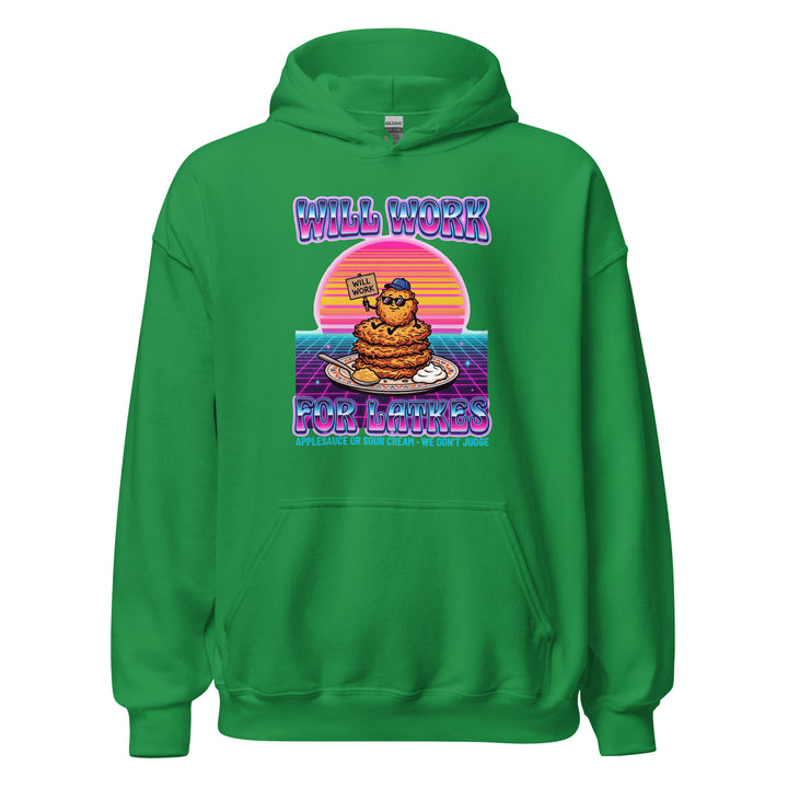 Will Work for Latkes 80s Jewish pride hoodie in Irish Green - flat lay