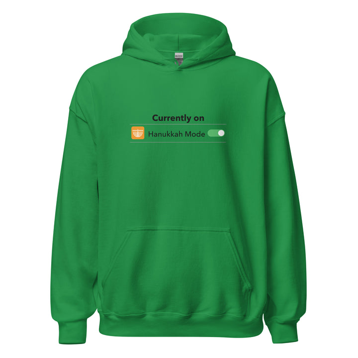 Hanukkah Mode Jewish pride hoodie in Irish Green - close-up