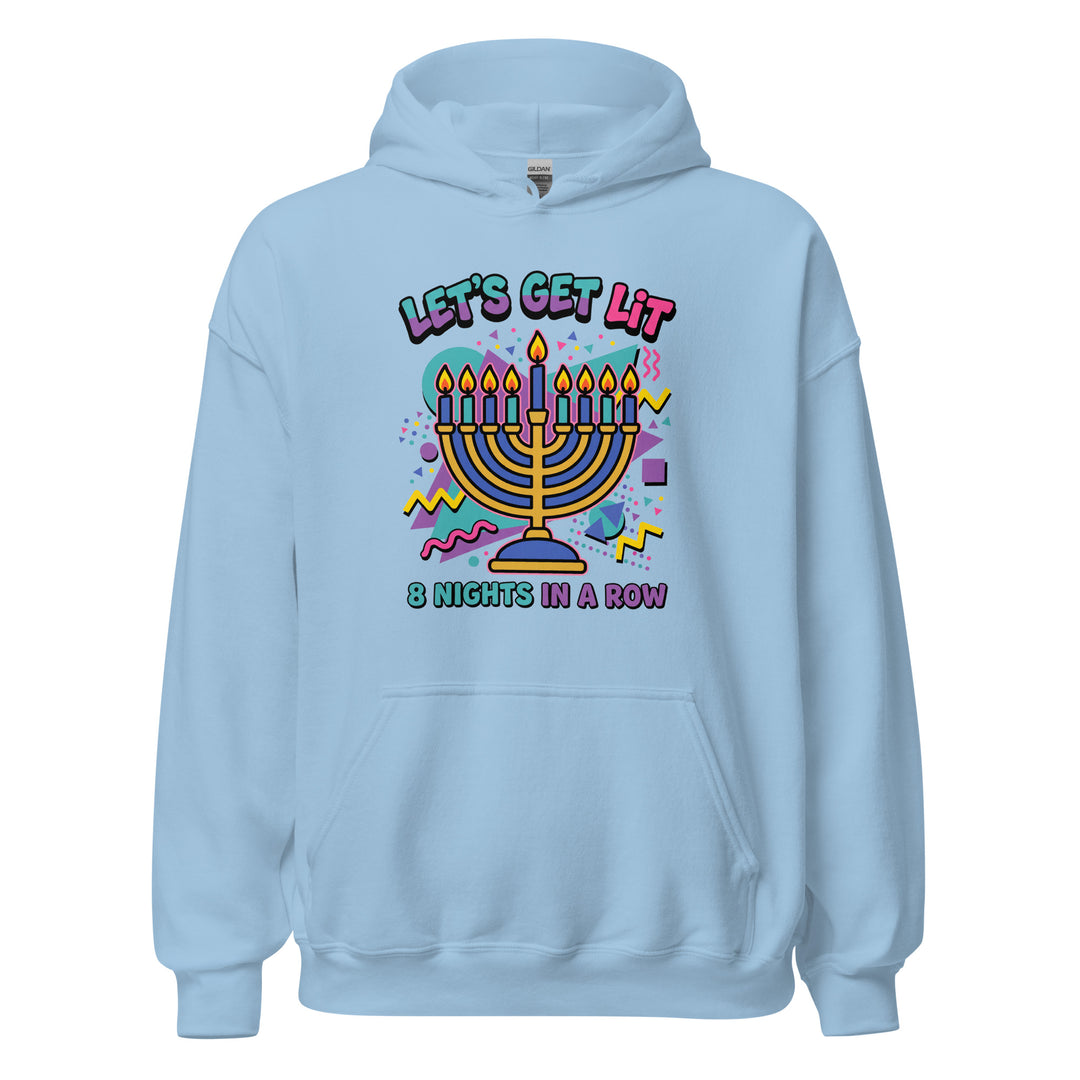 Lets Get Lit 90s Jewish pride hoodie in Light Blue - back view