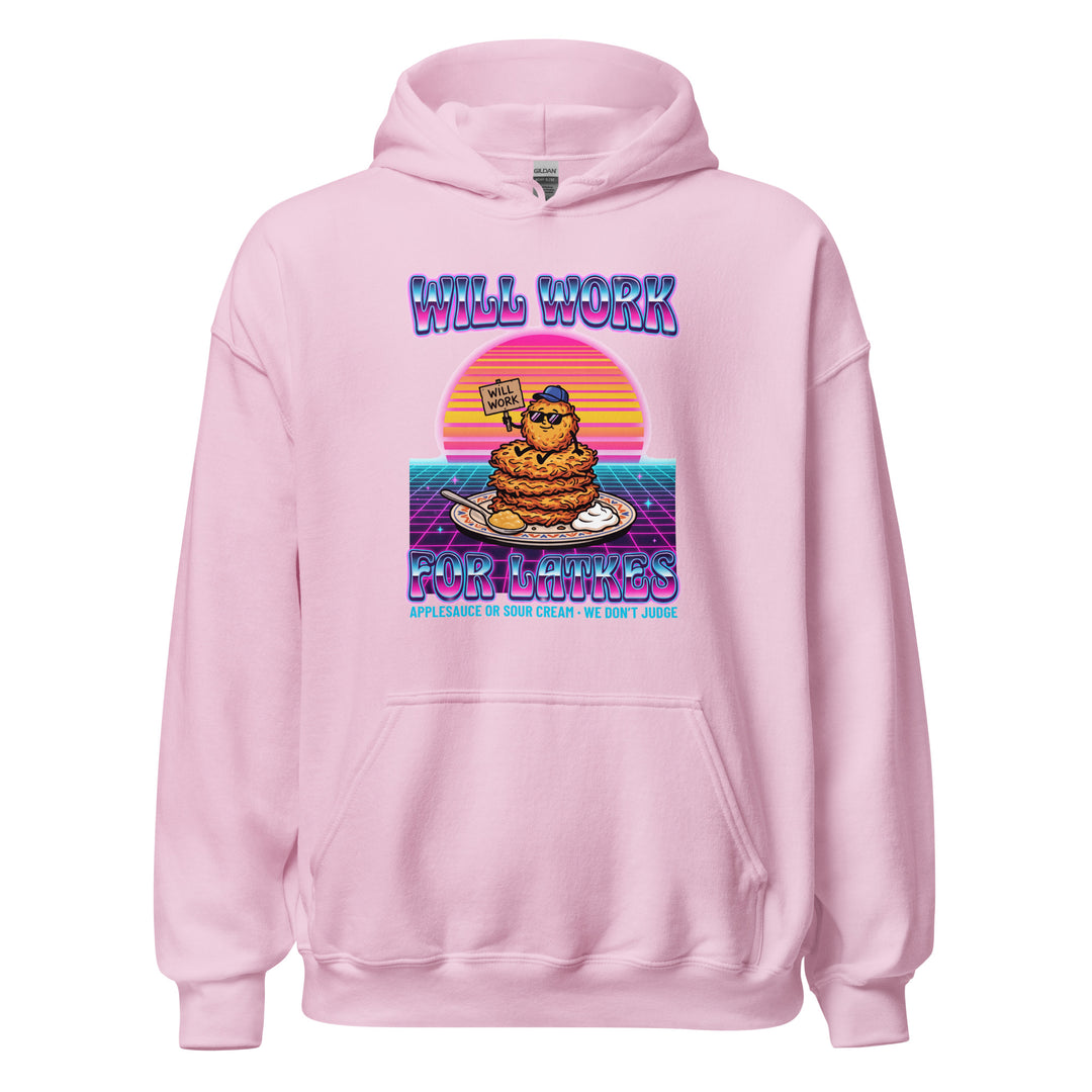 Will Work for Latkes 80s Jewish pride hoodie in Light Pink - detail view