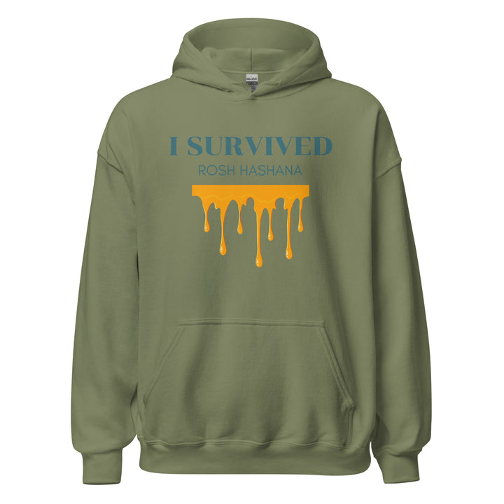 I Survived Rosh HaShana Jewish pride hoodie in Military Green - flat lay