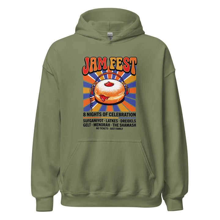 Jam Fest 8 Nights Jewish pride hoodie in Military Green - flat lay