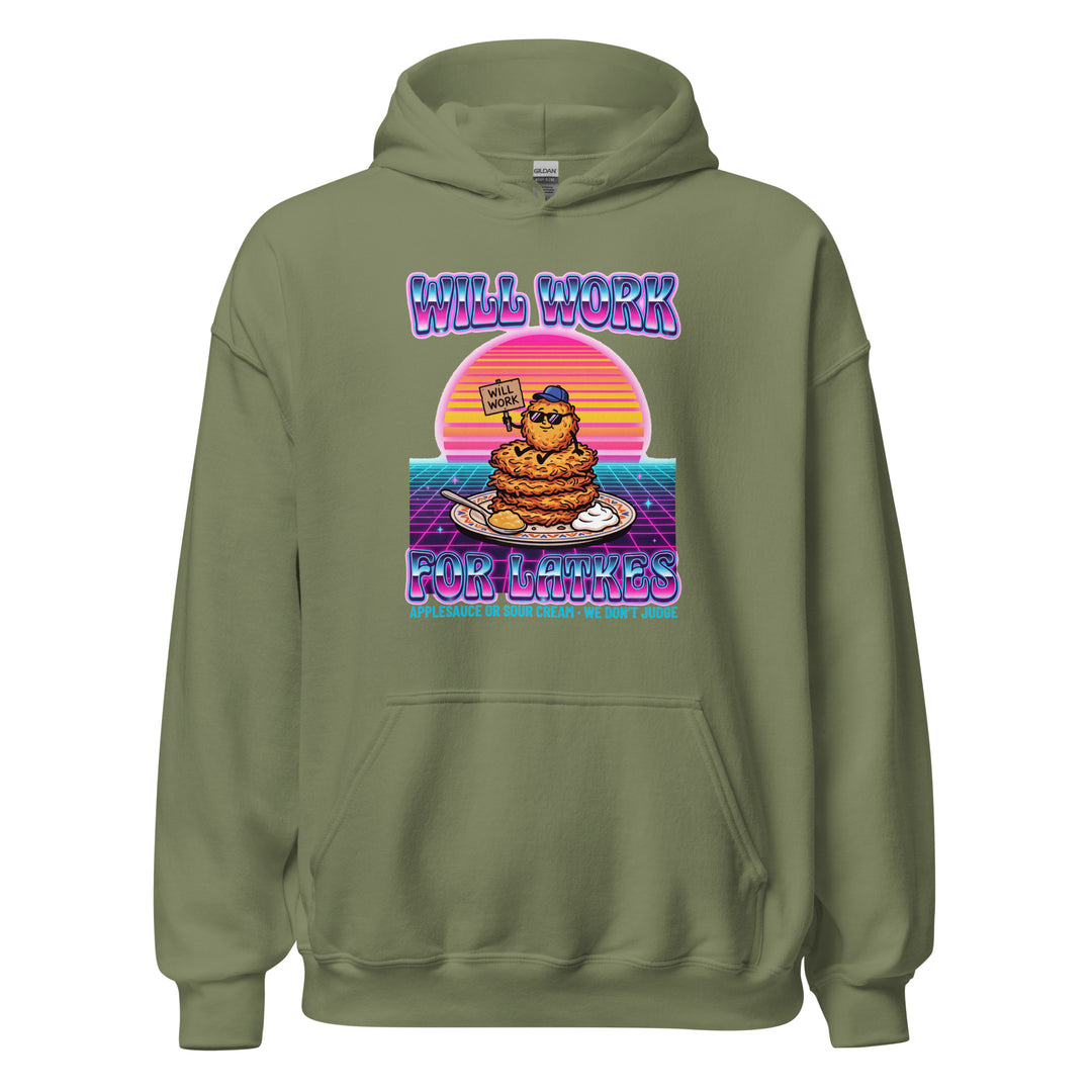 Will Work for Latkes 80s Jewish pride hoodie in Military Green - side view