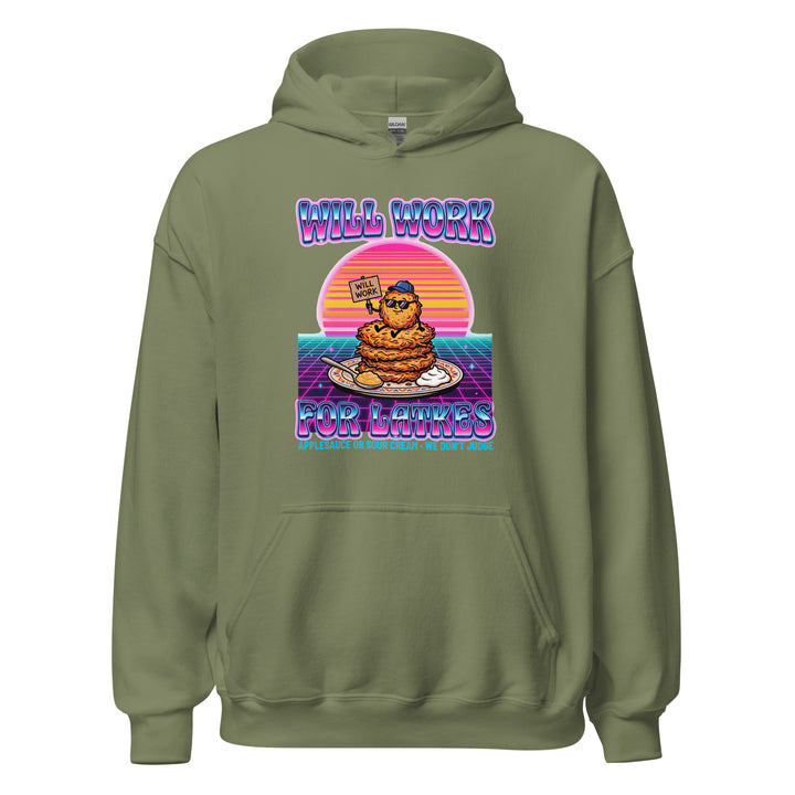 Will Work for Latkes 80s Jewish pride hoodie in Military Green - side view