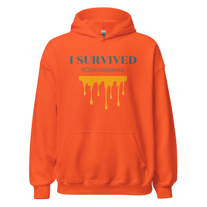 I Survived Rosh HaShana Jewish pride hoodie in Orange - close-up