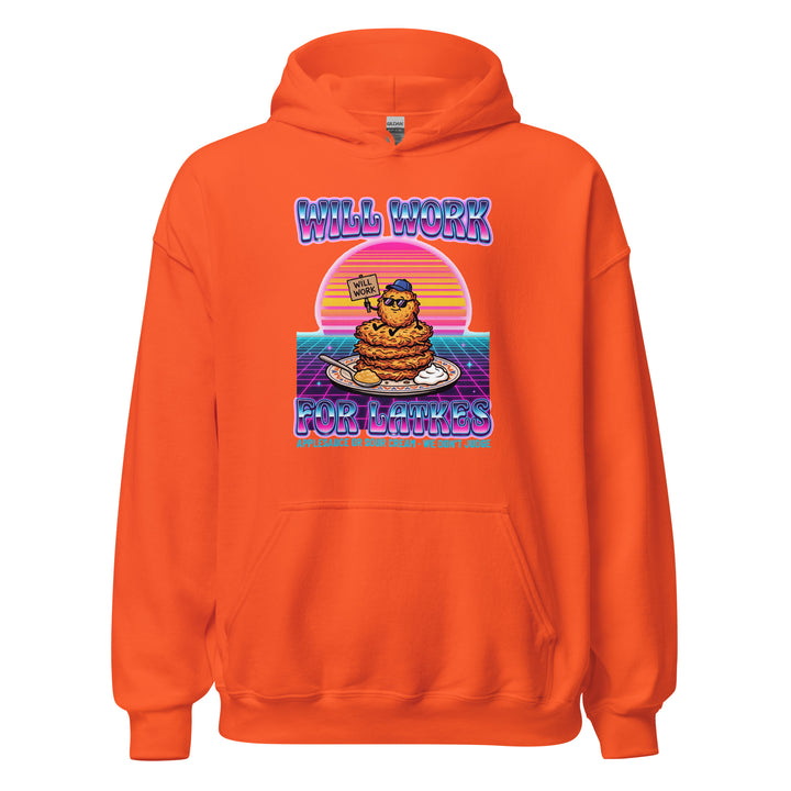Will Work for Latkes 80s Jewish pride hoodie in Orange - lifestyle shot