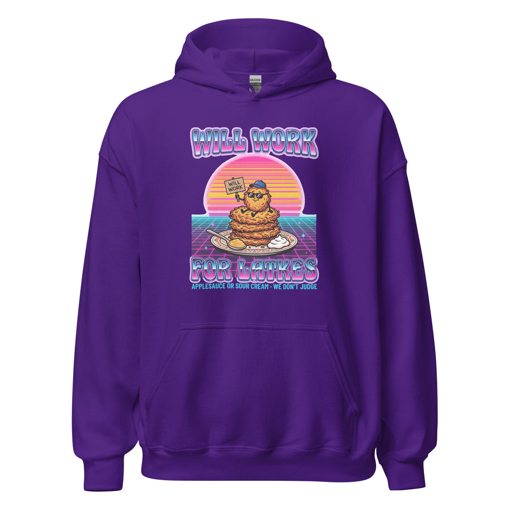 Will Work for Latkes 80s Jewish pride hoodie in Purple - back view