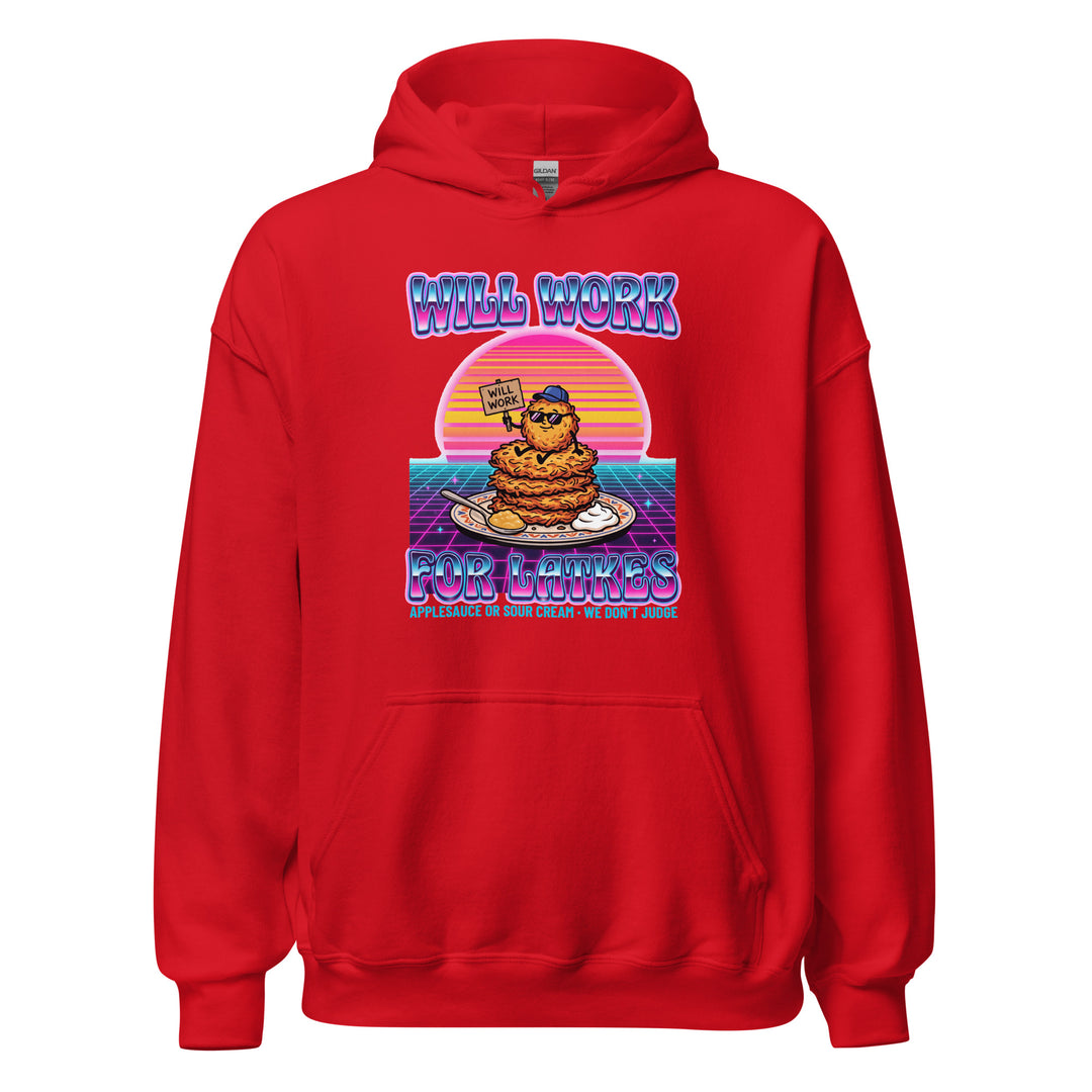Will Work for Latkes 80s Jewish pride hoodie in Red - detail view