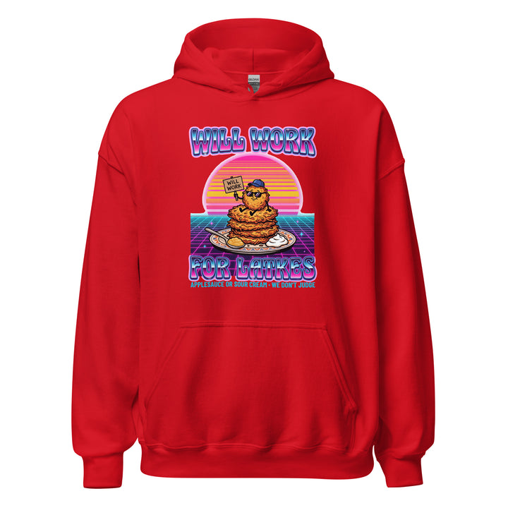 Will Work for Latkes 80s Jewish pride hoodie in Red - detail view