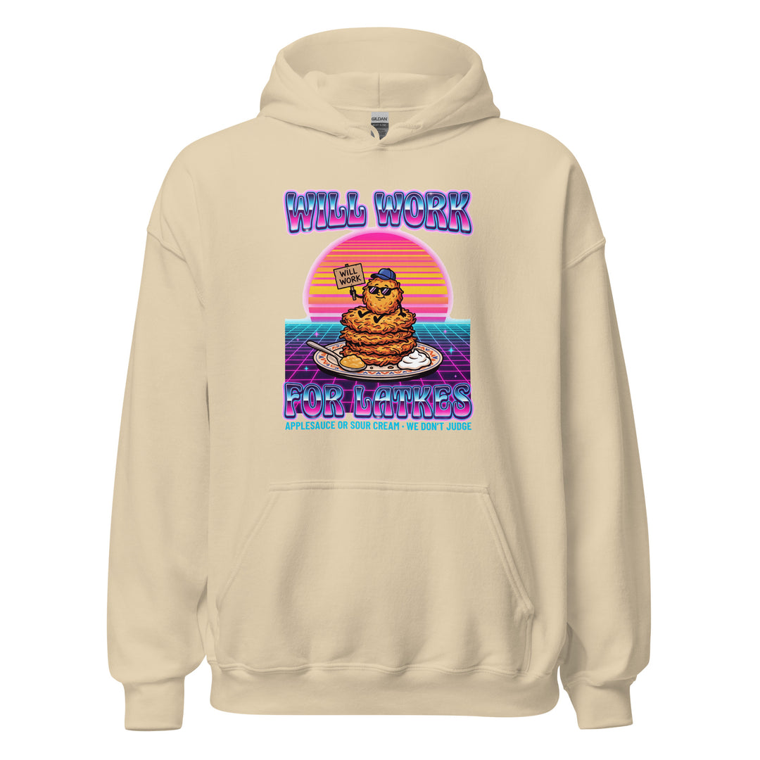 Will Work for Latkes 80s Jewish pride hoodie in Sand - back view