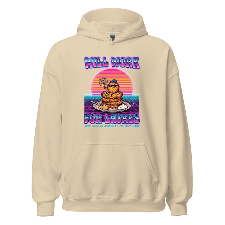 Will Work for Latkes 80s Jewish pride hoodie in Sand - back view