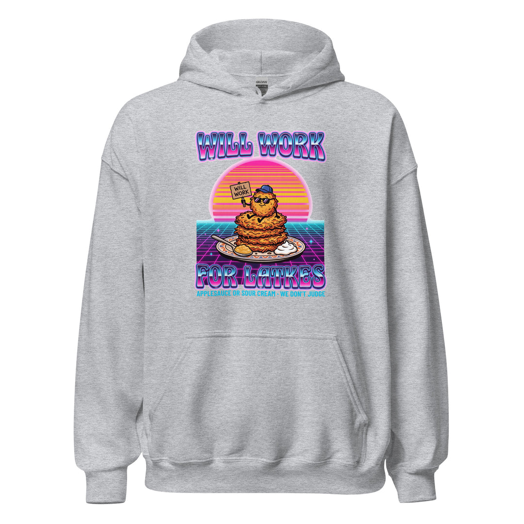 Will Work for Latkes 80s Jewish pride hoodie in Sport Grey - folded view