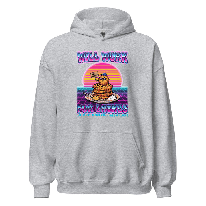 Will Work for Latkes 80s Jewish pride hoodie in Sport Grey - folded view