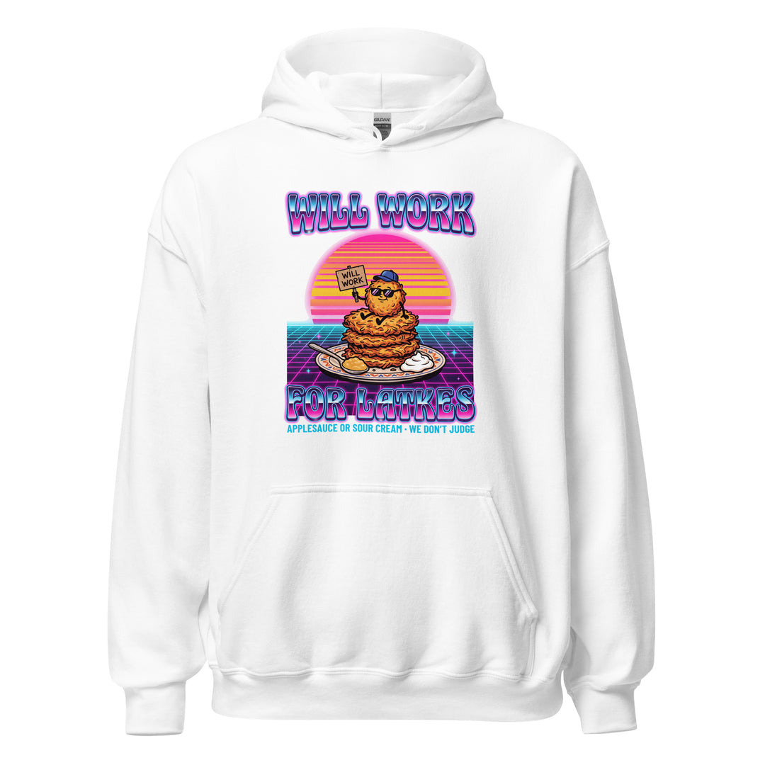 Will Work for Latkes 80s Jewish pride hoodie in White - flat lay