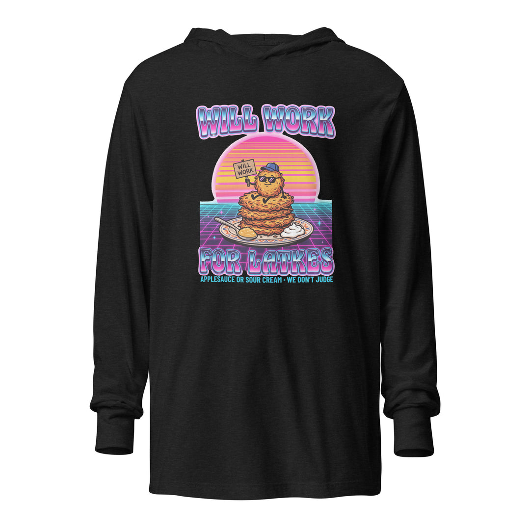 Will Work for Latkes 80s Jewish pride long sleeve shirt in Charcoal-Black Triblend - front view