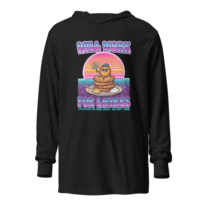 Will Work for Latkes 80s Jewish pride long sleeve shirt in Charcoal-Black Triblend - front view