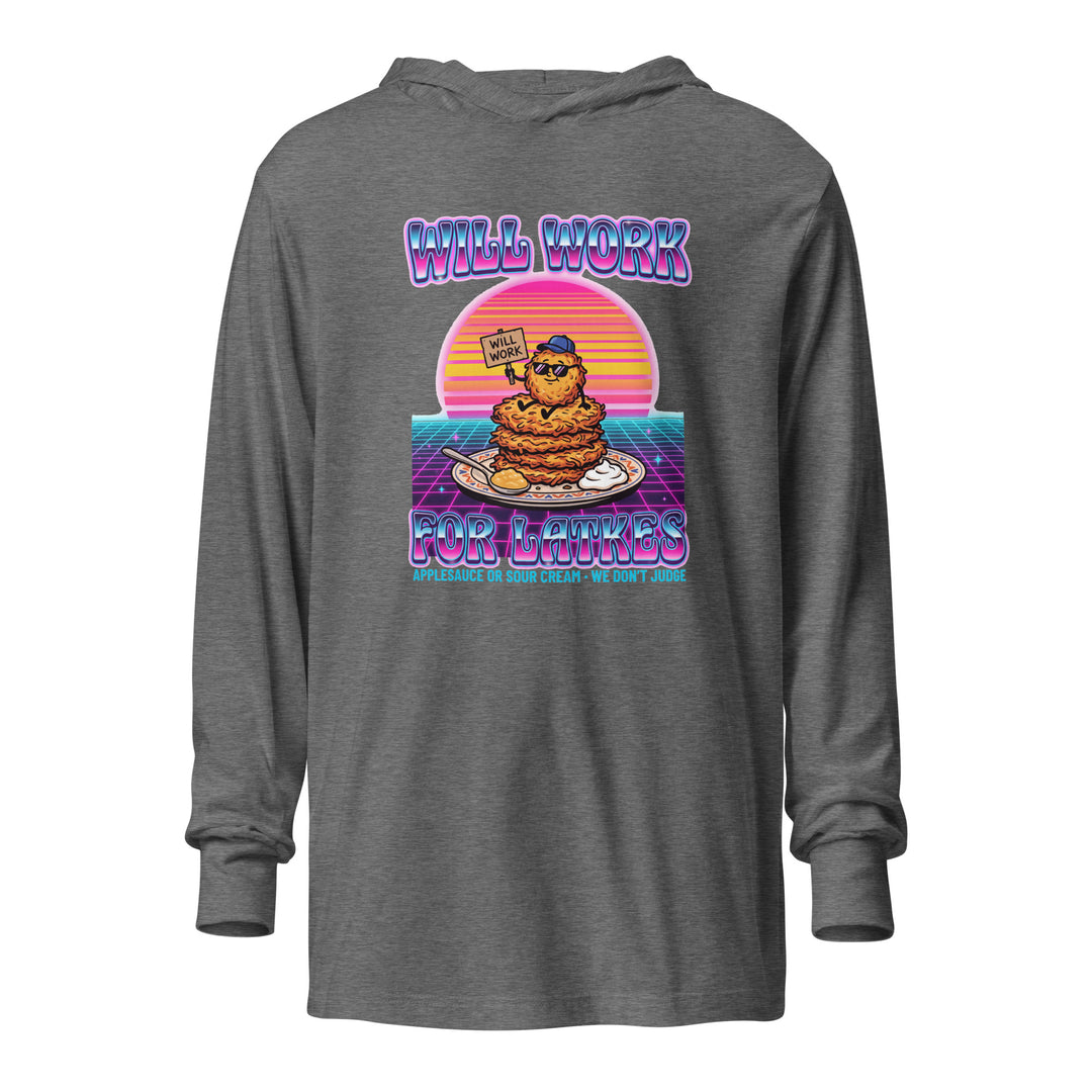 Will Work for Latkes 80s Jewish pride long sleeve shirt in Grey Triblend - close-up
