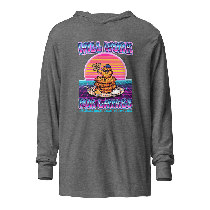 Will Work for Latkes 80s Jewish pride long sleeve shirt in Grey Triblend - close-up