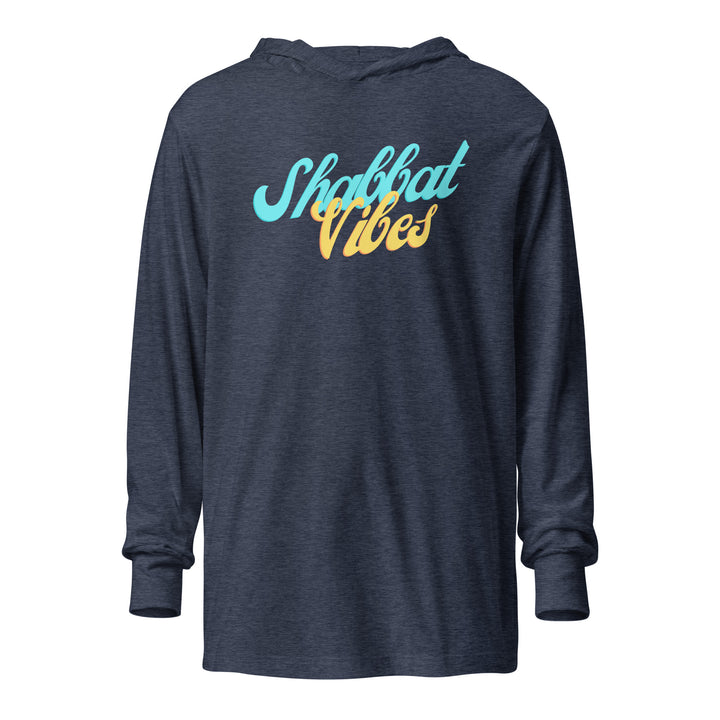 Shabbat Vibes Jewish pride long sleeve shirt in Heather Navy - detail view